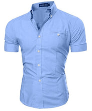 Load image into Gallery viewer, 2019 Men Brand Shirt Male Short Sleeve Hawaiian Shirts Casual Metal Buckle Hit Color Slim Fit Black Mens Dress Shirts
