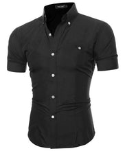 Load image into Gallery viewer, 2019 Men Brand Shirt Male Short Sleeve Hawaiian Shirts Casual Metal Buckle Hit Color Slim Fit Black Mens Dress Shirts
