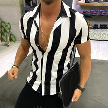 Load image into Gallery viewer, 2020 Hot Casual Men's Shirt Turn Down Collar Short Sleeve Vertical Stripes Button Slim Shirt casual top Blouse Men
